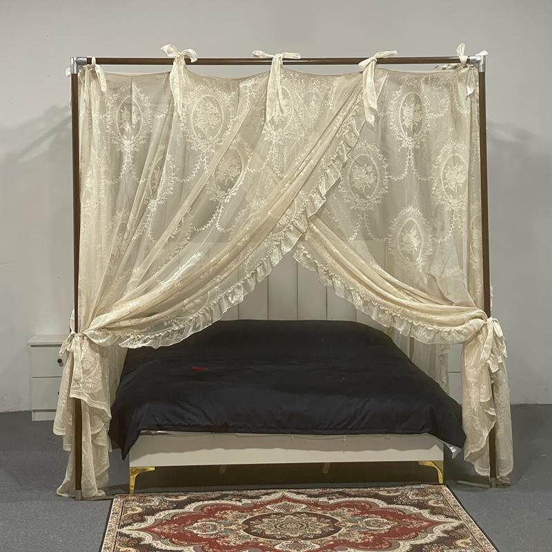 新款实木支架蚊帐子中式民宿床幔法式蕾丝绑绳三开门宫廷婚庆公主