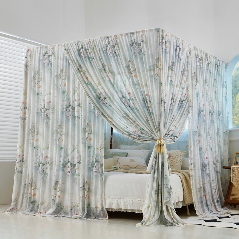 新款定制婚庆高档加粗四柱实木支架防尘顶宫廷蚊帐挡风床幔1.8m米