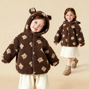 韩版童装25冬季新款儿童羊羔绒外套男女童可爱印花保暖连帽毛毛衣