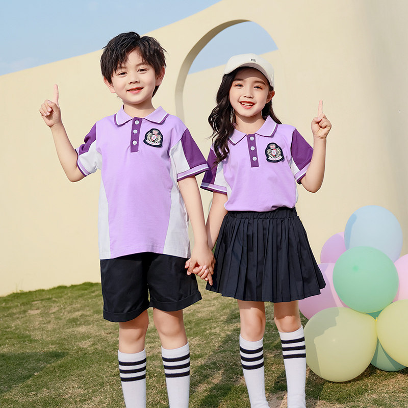 小学生校服夏季套装儿童班服幼儿园园服紫色短纯棉六一活动表演服