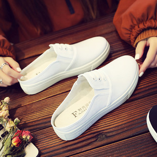 一脚蹬帆布半托鞋 夏平底休闲板鞋 女 女学生韩版 夏无后跟小白鞋