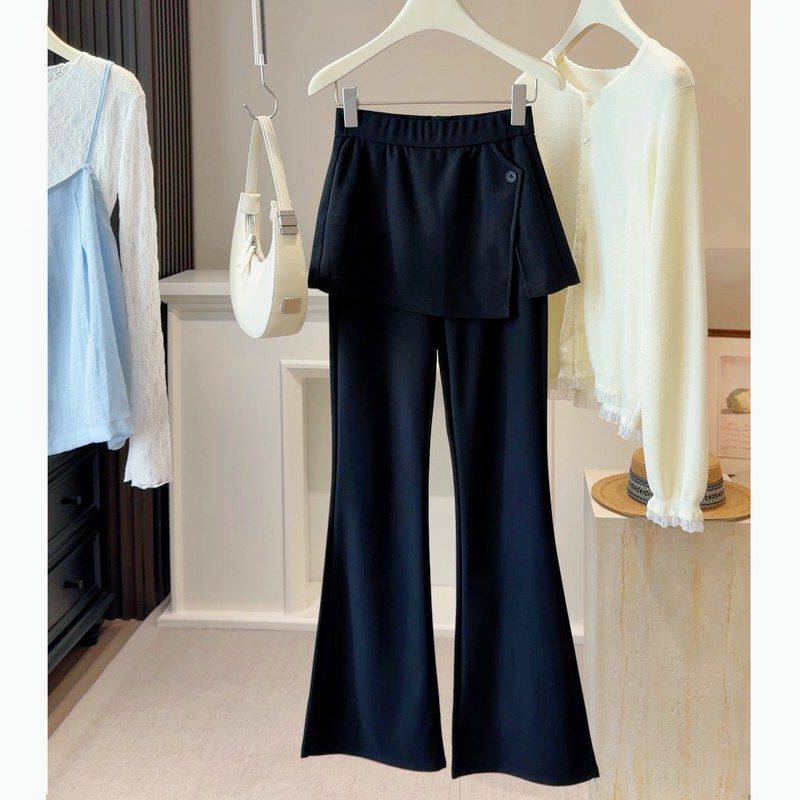 显瘦假两件女高腰黑色西装春季屁帘新款微喇裤修身喇叭裤休闲弹力