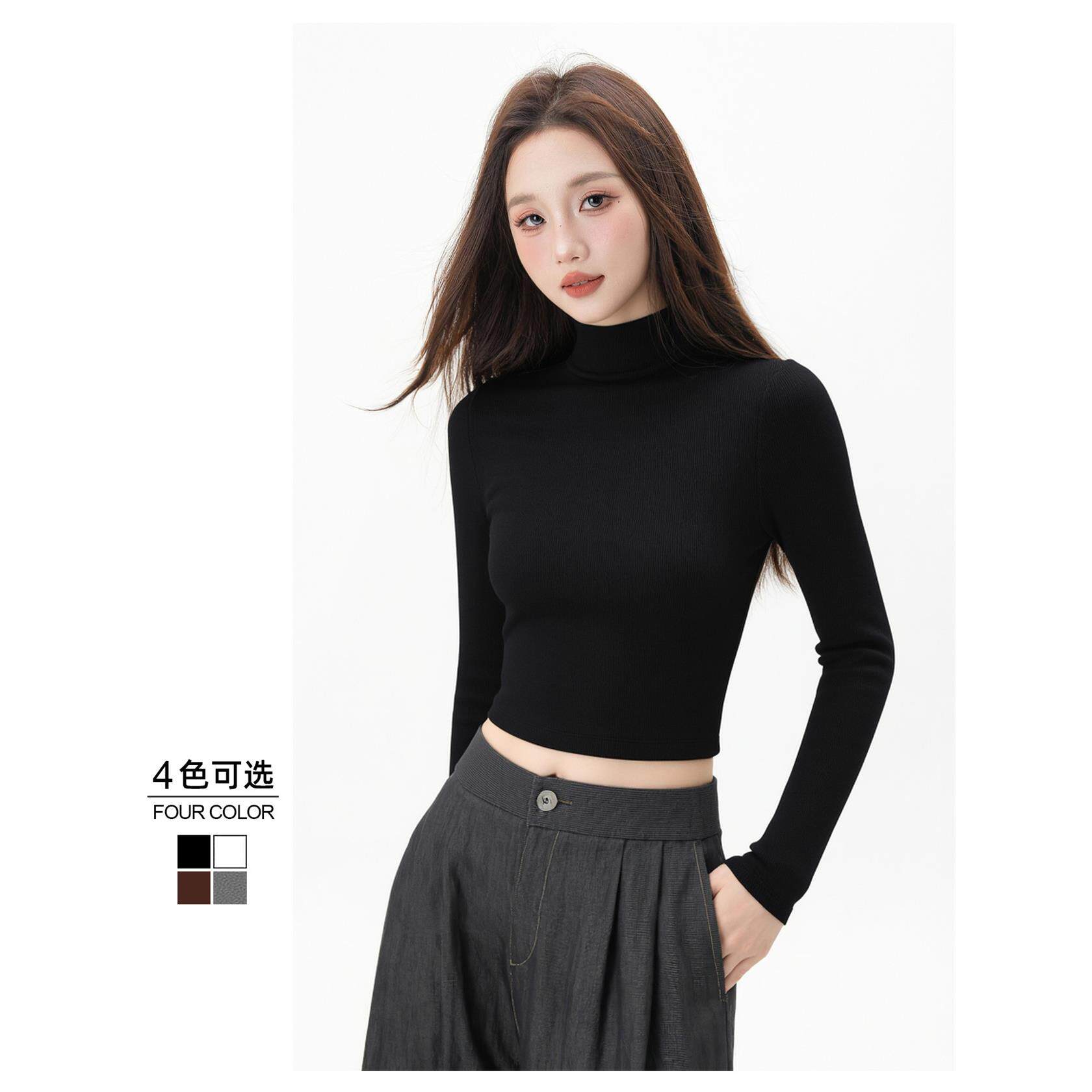 黑色半高领针织打底衫女2025新款加绒保暖小个子高腰露脐短款上衣