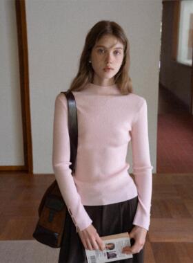 EGGKA袖口镂空设计半高领粉色长袖针织衫秋冬修身气质打底衫上衣