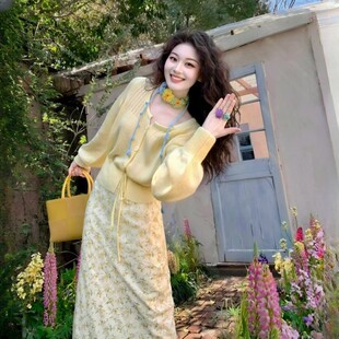 夏日绝美套装穿搭多巴胺碎花半身裙针织上衣黄色氛围感两件套裙子