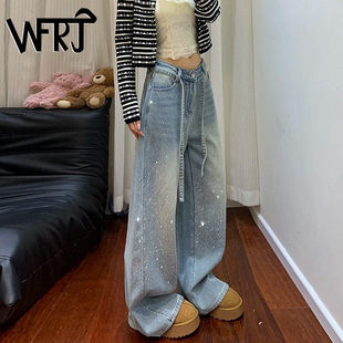 浅蓝色满天星镶钻牛仔裤女2026新款高腰设计感美式烫钻阔腿长裤子