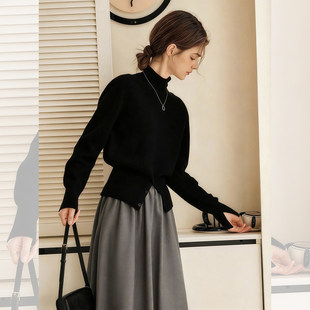 黑色高领开叉下摆收腰毛针织衫2026春季法式精致轻熟高级感上衣女