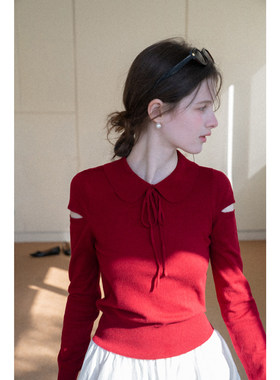 EGGKA娃娃领镂空设计感针织衫女春甜美气质显瘦短款长袖通勤上衣