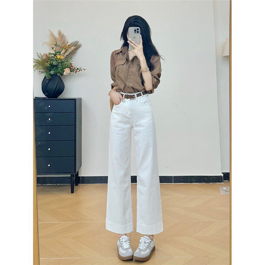 乔栈白色刺绣小个子直筒牛仔裤女秋爆款高腰显瘦设计感百搭九分裤