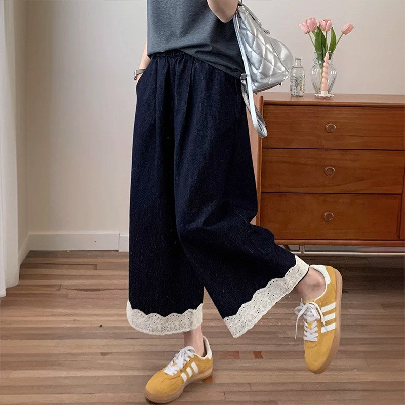 2026春季新款深蓝蕾丝花边阔腿牛仔裤女小个子百搭松紧高腰九分裤