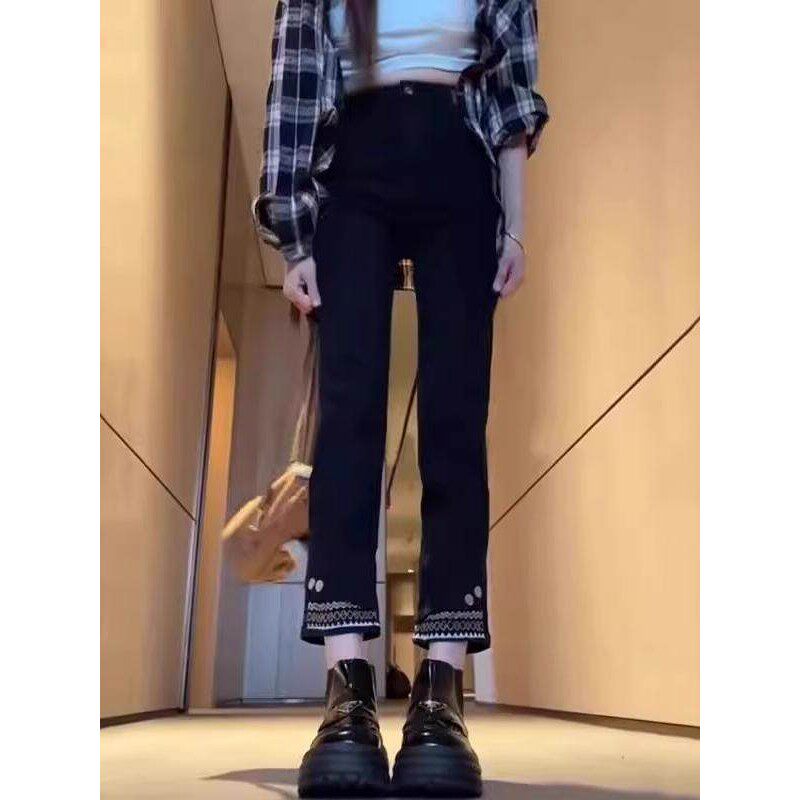 黑色高腰九分烟管牛仔裤子女春秋加绒弹力大码宽松显瘦直筒法棍裤