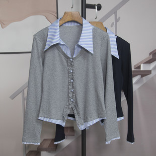 修身 学院风假两件拼接衬衫 新款 T恤女2026春季 显瘦上衣潮34204 长袖