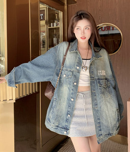 牛仔夹克外套女秋季2023新款字母印花水洗做旧宽松百搭上衣ins潮0