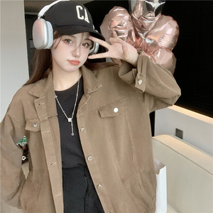 2023男女同款美式复古时尚棕色牛仔外套女春秋宽松工装夹克上衣潮
