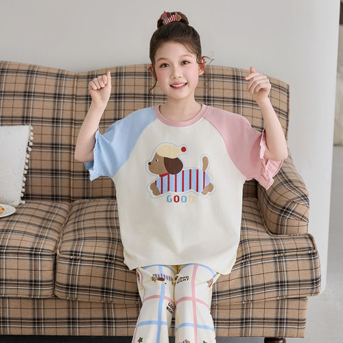 法国Anseola2026新款腊肠狗睡衣女孩萌系短袖长裤夏季儿童纯棉圆