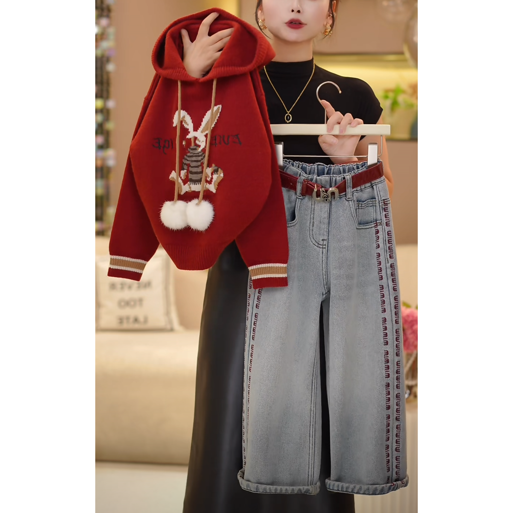 法国BADNUT女童毛衣套装秋冬2026新款儿童红色针织加绒牛仔裤