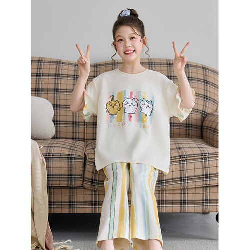 法国Anseola女童宝宝睡衣2026夏新款卡通小八短袖长裤儿童纯棉空