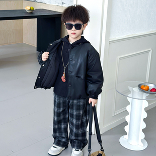 法国Anseola男童秋冬款三件套装儿童夹棉皮衣加厚外套宝宝加绒裤