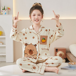 法国Anseola儿童睡衣女童长袖纯棉秋季中大童卡通水豚家居服套装