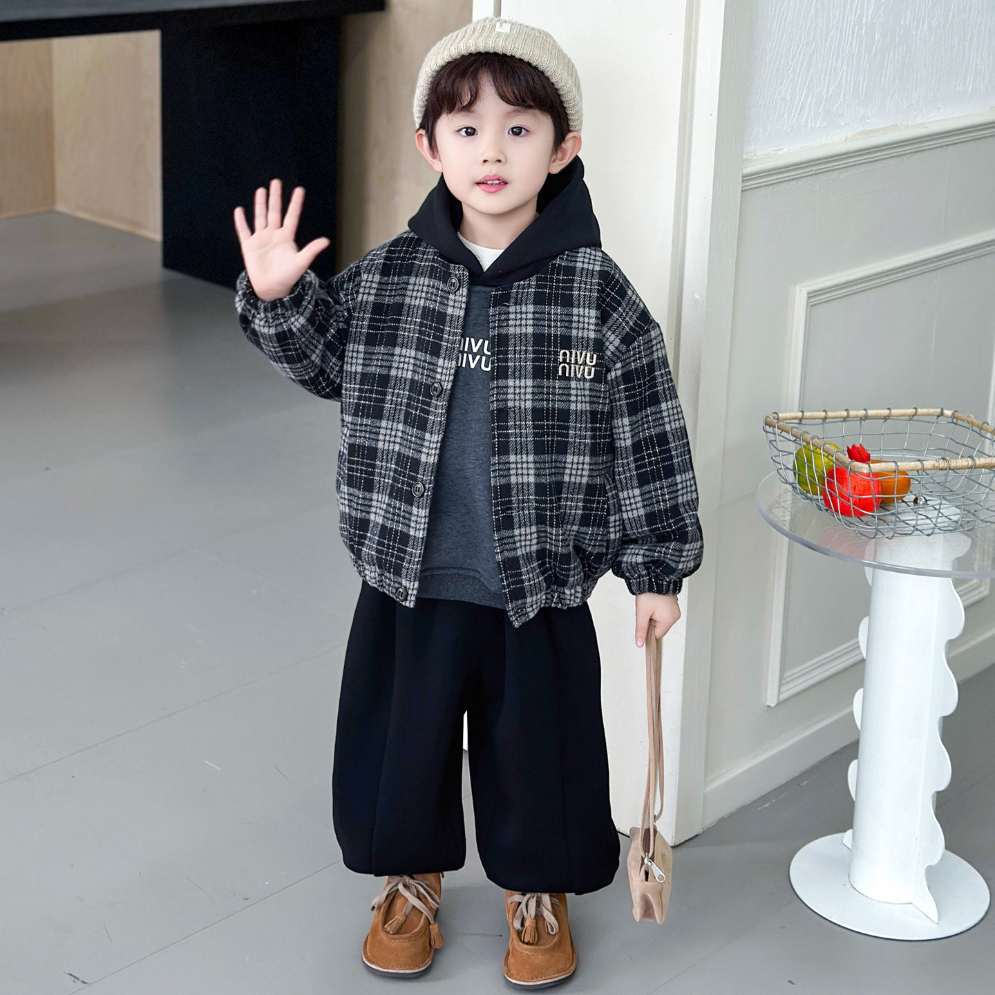 法国Anseola男童秋冬装三件套2025儿童加绒卫衣套装宝宝夹棉外套