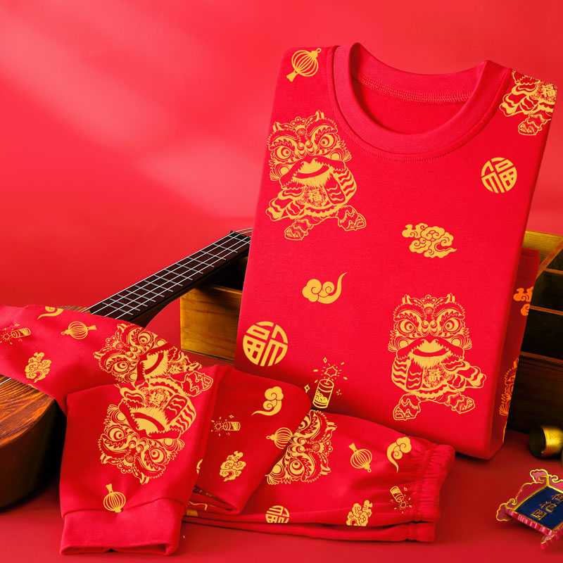 法国Anseola马年红色本命年男童纯棉保暖内衣套装儿童秋衣裤睡衣