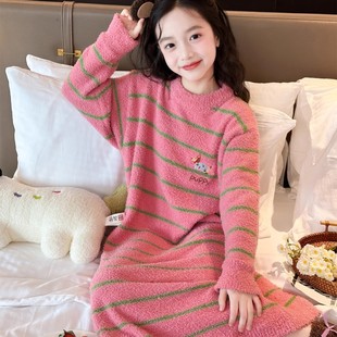 法国Uamtor儿童秋冬睡裙女童半边绒长款睡袍加厚保暖法兰绒家居服