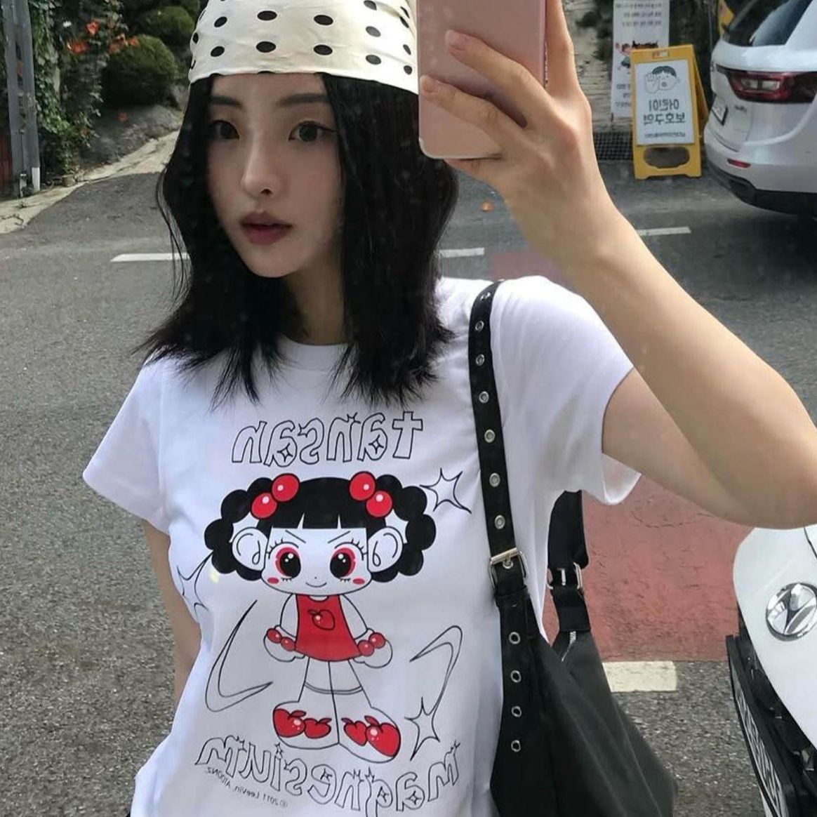 韩系辣妹小众减龄卡通动漫印花正肩短袖T恤女夏修身显瘦短款上衣
