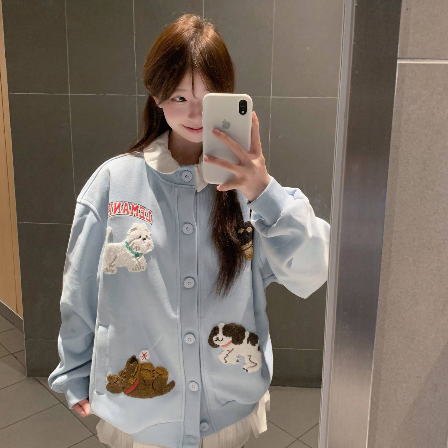 韩系蓝色小狗刺绣棒球服外套女新款秋冬oversize宽松卫衣外套