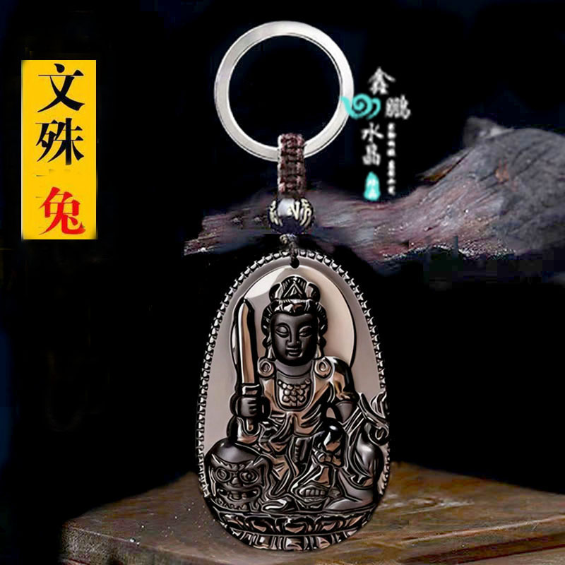 天然冰种黑曜石属兔文殊菩萨项链生肖兔守护神吉祥物运转钥匙扣