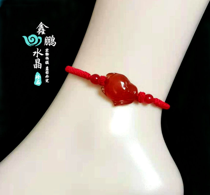 2026天然红黄绿粉白玛瑙狐狸 招财脚链