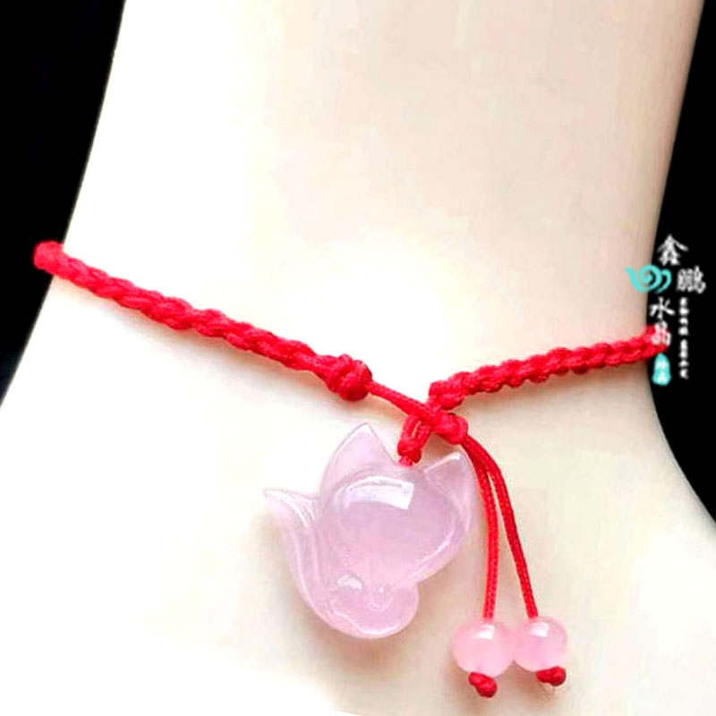 天然粉晶狐狸红绳脚链