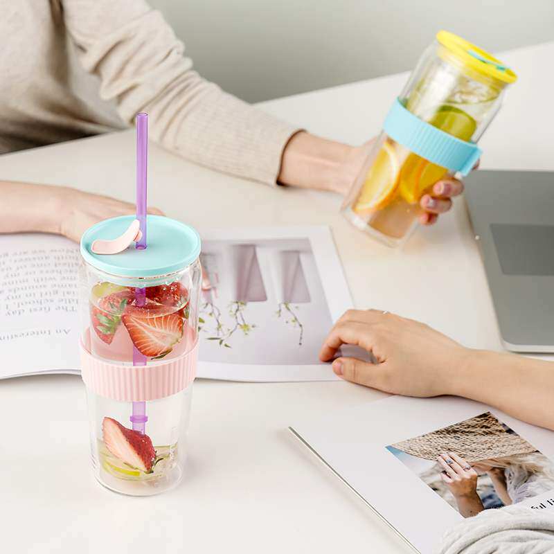 乐扣乐扣吸管杯耐热玻璃杯风带吸管水杯女双层大容量少女心ins