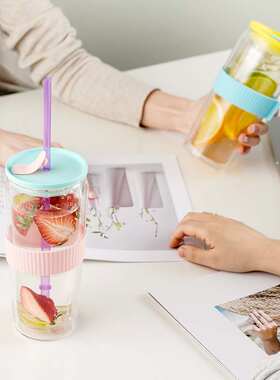乐扣乐扣吸管杯耐热玻璃杯风带吸管水杯女双层大容量少女心ins