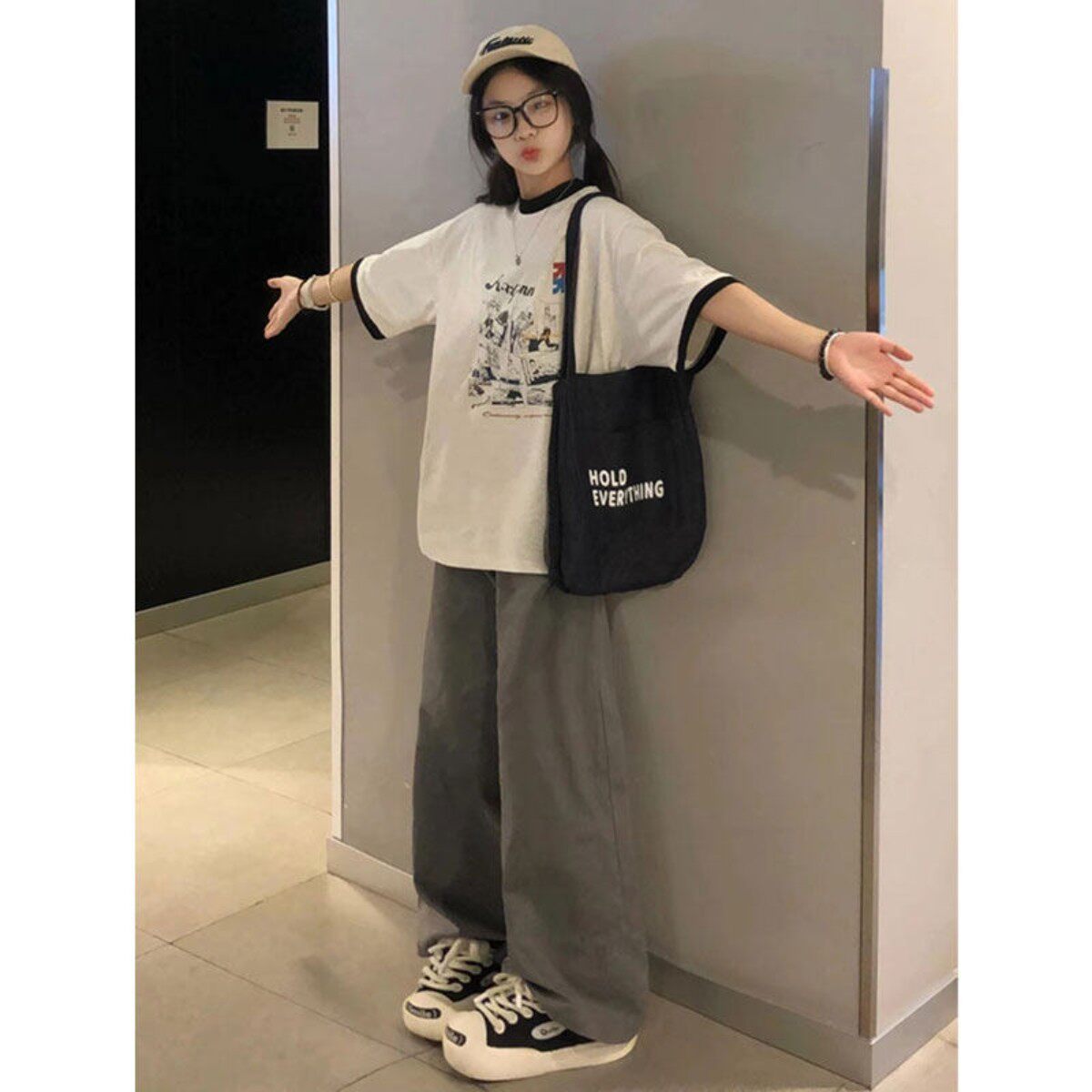 韩系少年感休闲运动套装女夏季学院风宽松显瘦短袖阔腿长裤两件套