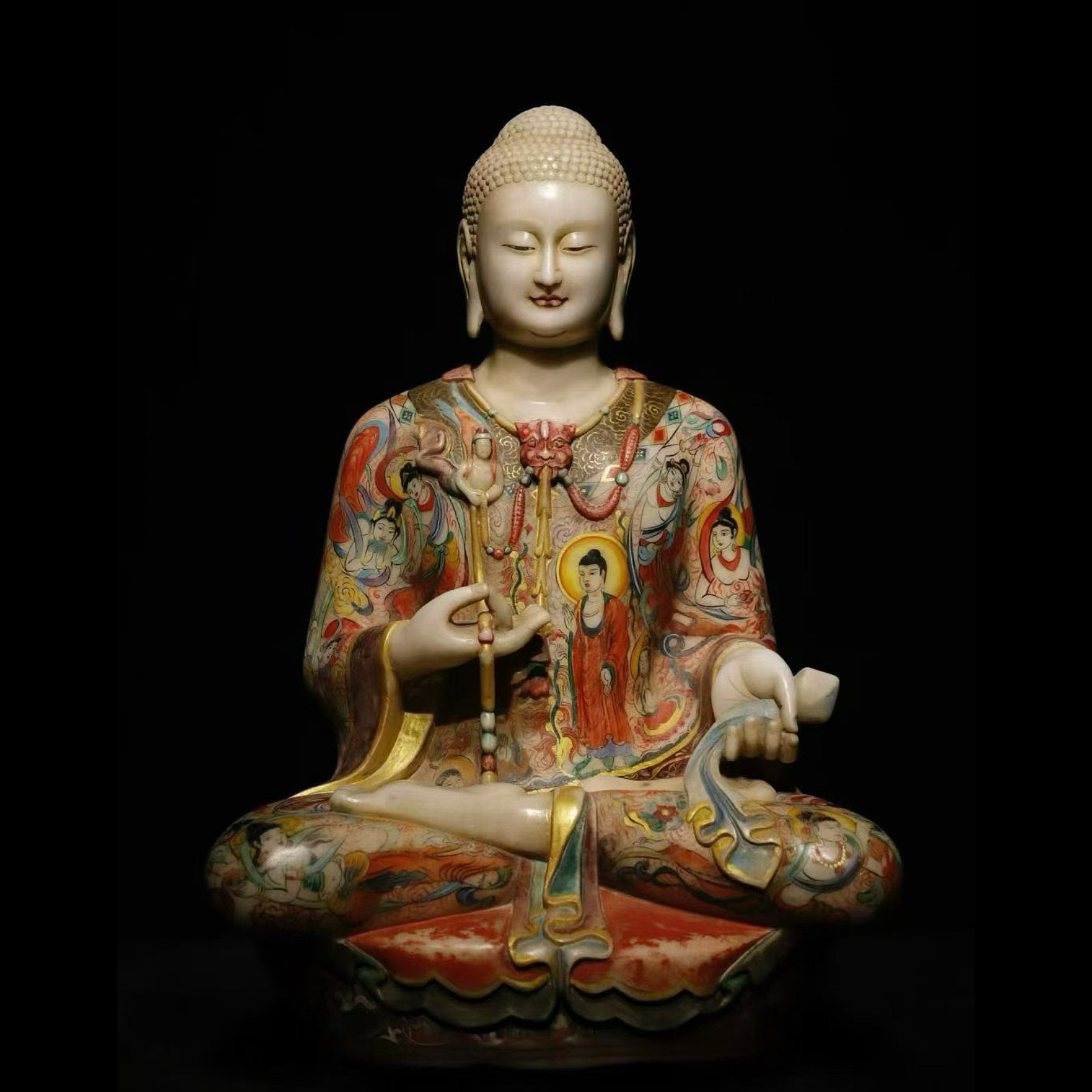 石雕复古仿古北齐汉白玉彩绘佛像造像坐佛摆件做旧摆放饭店招财