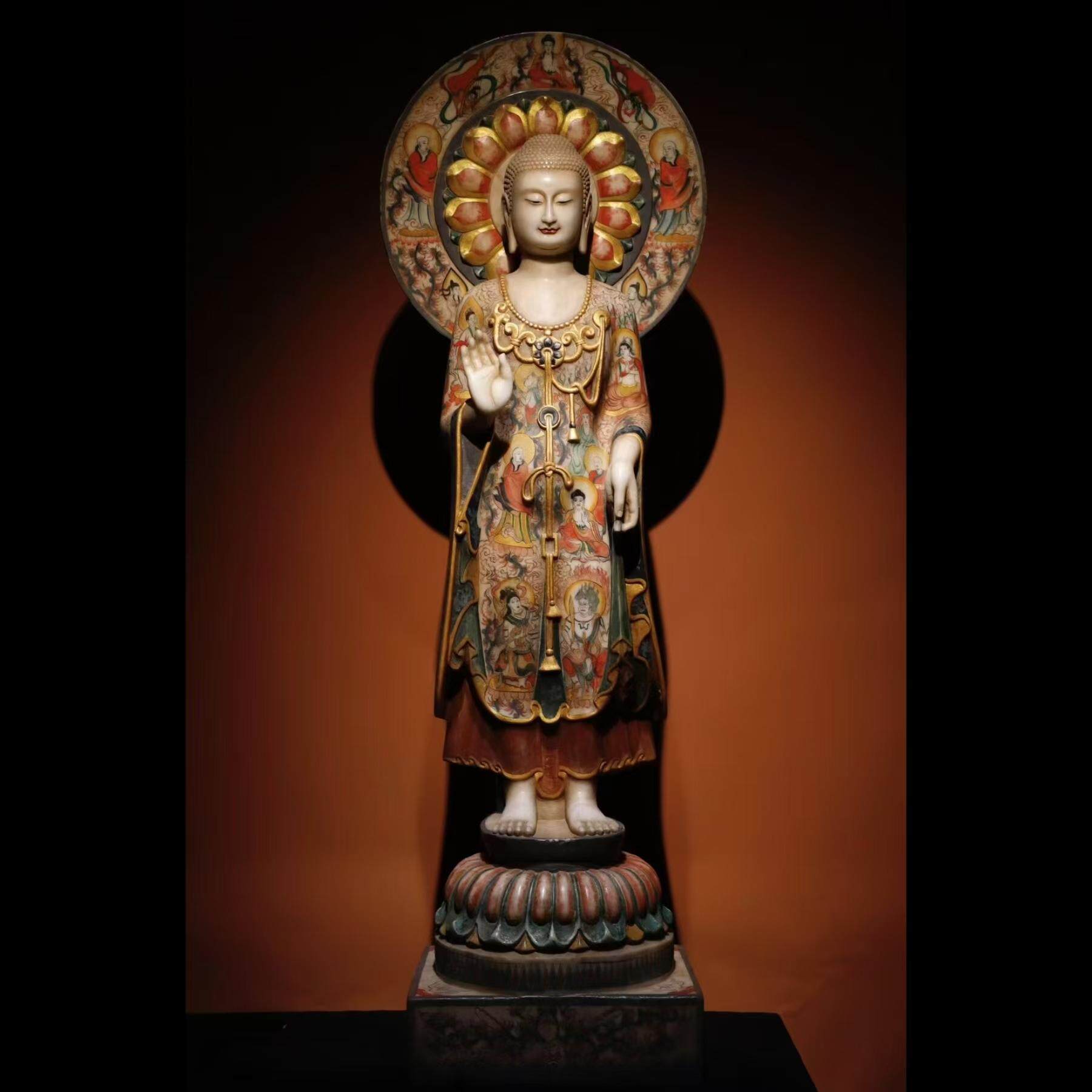 石雕复古仿古北齐汉白玉彩绘大佛站佛佛像造像摆件做旧佛堂供奉