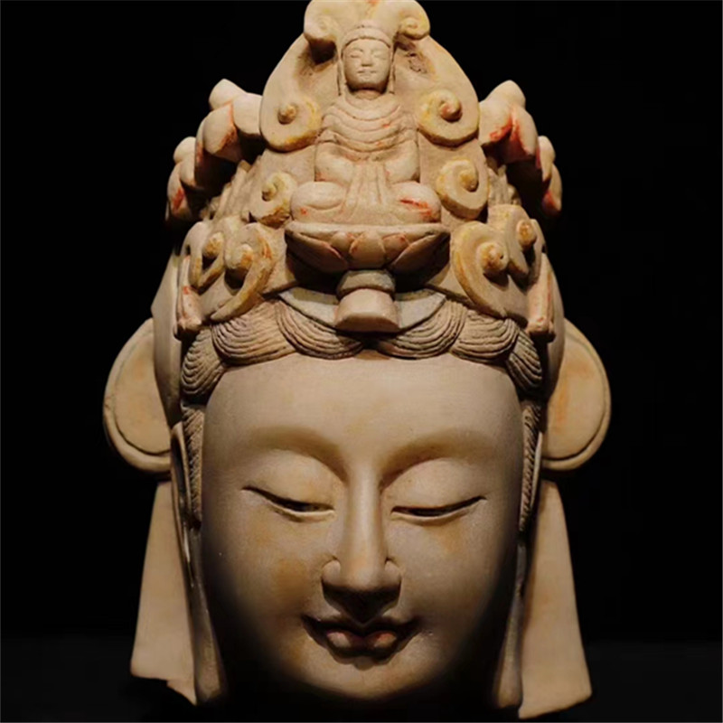 石雕仿古复古北齐汉白玉彩绘观音头佛头佛像佛首摆件做旧摆放佛堂