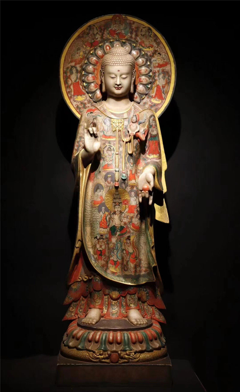 石雕复古仿古北齐汉白玉彩绘大站佛满彩绘佛像法相庄严做旧摆件