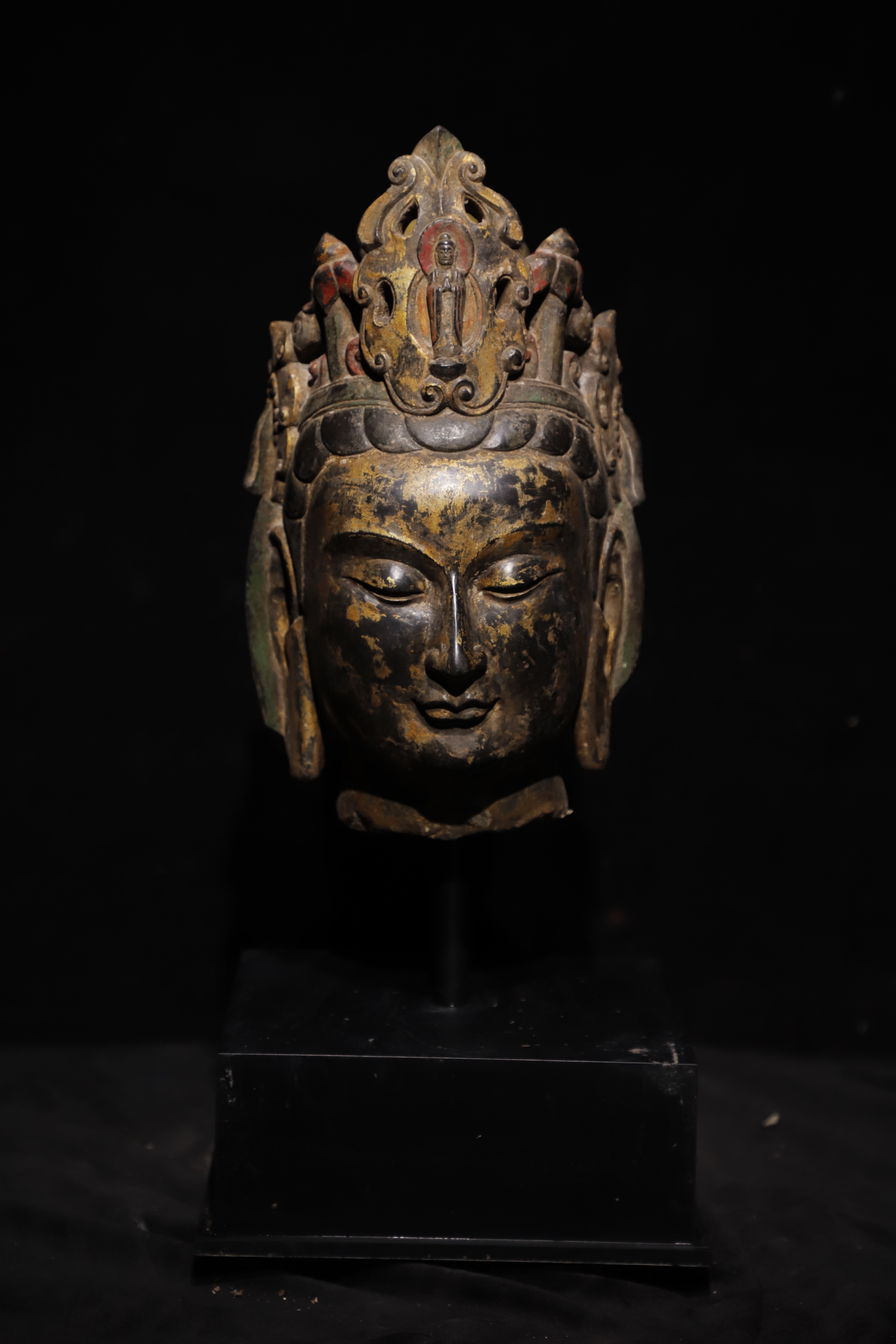 石雕仿古复古北齐青石彩绘观音头佛头佛首摆件做旧摆放佛堂供养