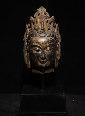 石雕仿古复古北齐青石彩绘观音头佛头佛首摆件做旧摆放佛堂供养