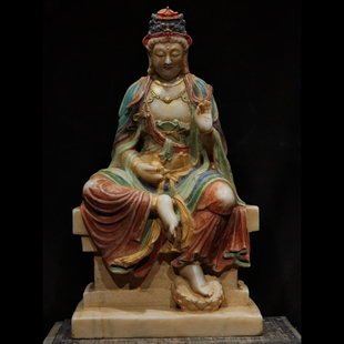 石雕仿古复古汉白玉隋代彩绘观音菩萨佛像造像坐佛摆件做旧摆放