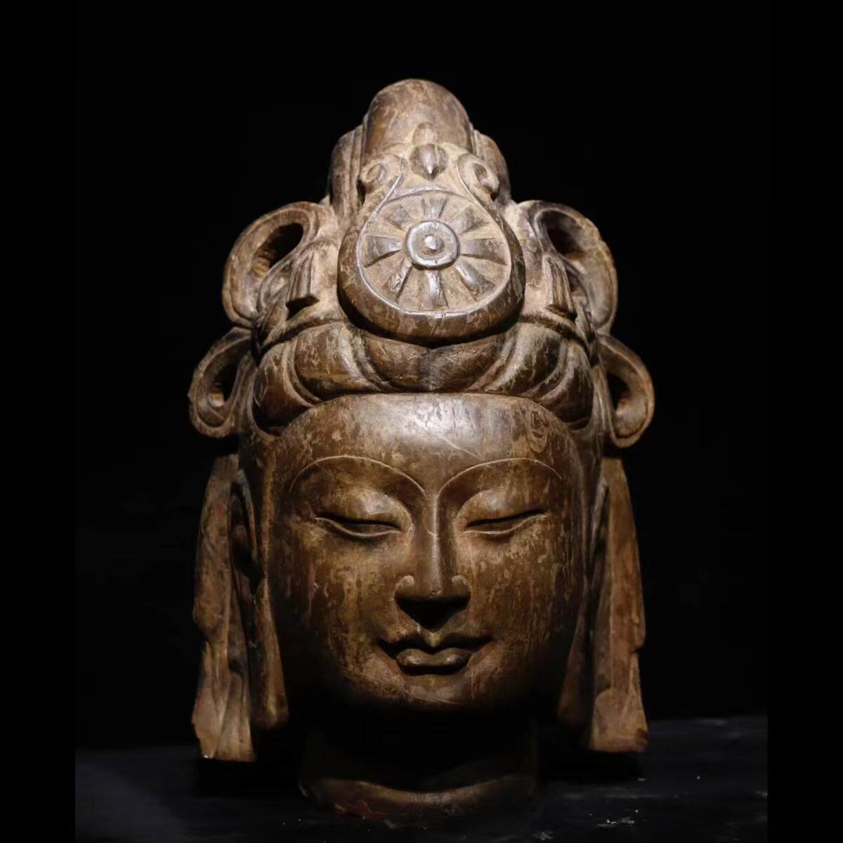 石雕复古仿古唐代清代彩绘观音佛头佛首摆件做旧摆放家居会所客厅