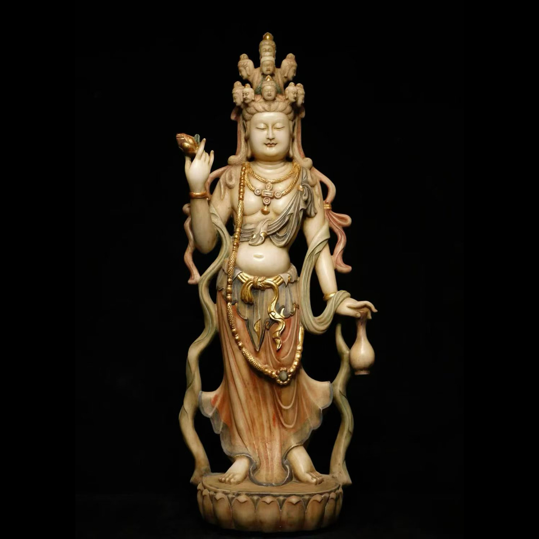 石雕复古复古唐代汉白玉彩绘大观音菩萨佛像造像站佛摆件做旧家居