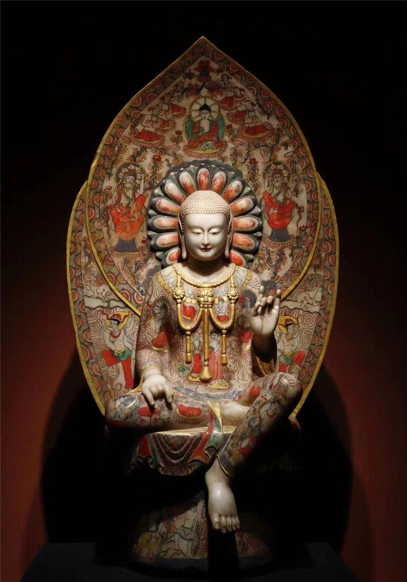 石雕复古仿古北齐汉白玉彩绘大佛满彩绘佛像庄严做旧摆件装饰品