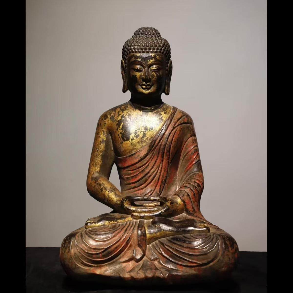 石雕复古仿古唐代彩绘佛像坐佛造像释迦摩尼摆件做旧摆放佛堂酒柜