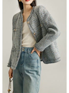 羊毛高端流苏小香风外套 蓝灰色粗花呢 2026秋款法式短款女装