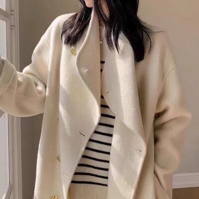 韩版设计双排扣长毛双面羊毛大衣