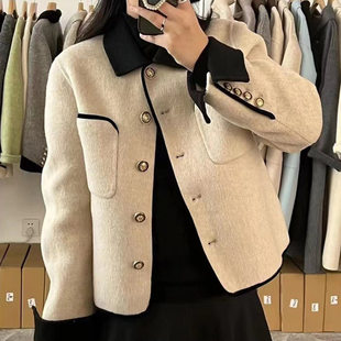 反季捡漏！短款小个子双面呢羊毛大衣长毛格子小香风羊毛外套上衣