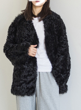 2026新款海宁皮草真毛外套 托卡黑色皮毛一体女式圆领中长款大衣
