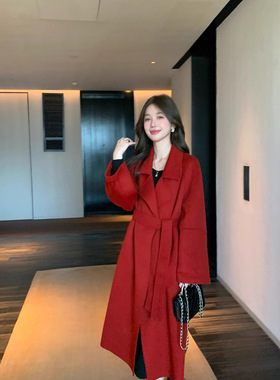 西西里100%羊毛大衣女红色2026秋冬感外套小个子新款双面呢子